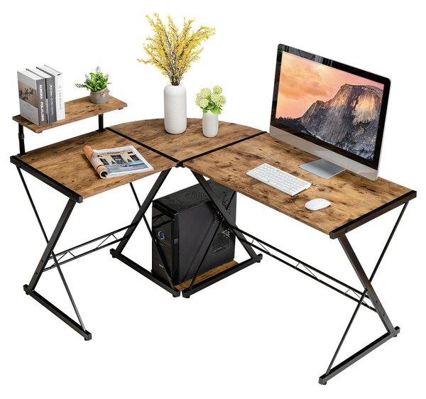 L-Shaped Corner Computer Desk with Monitor Stand and Host Tray-Brown