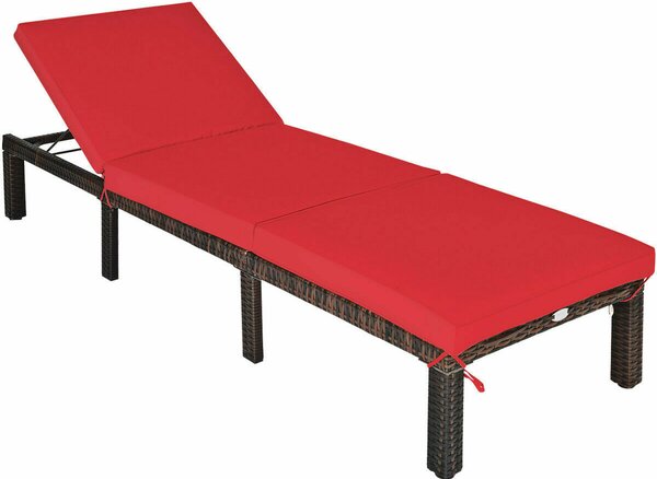 Rattan Sun Lounger with Adjustable Backrest and Removable Cushion-Red