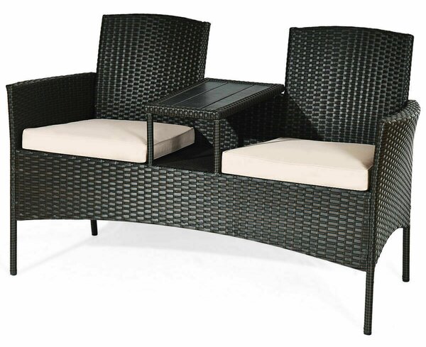 2-Seater Rattan Chair with Coffee Table and Removable Cushion-Khaki