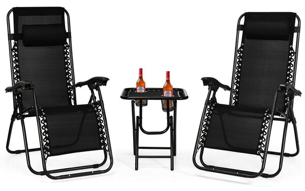 3 Pieces Zero Gravity Lounge Chair Set with Tea Table-Black