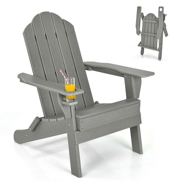 Folding Garden Adirondack Chair with Built-in Cup Holder-Grey