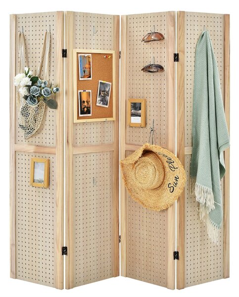 Costway 4 Panel Folding Wooden Room Divider with Pegboard Display