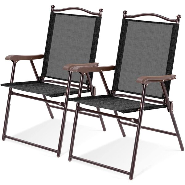 Set of 2 Patio Folding Chairs with Armrests and Footrest-Black