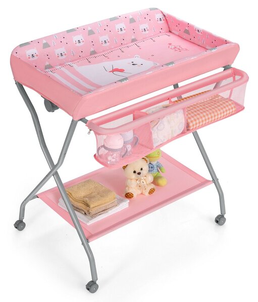 Rolling Baby Changing Table with Large Storage Basket-Pink