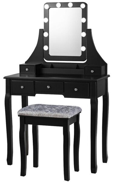 Costway Vanity Mirrored Dressing Table/ Makeup Desk with 5 Drawer and Stool-Black