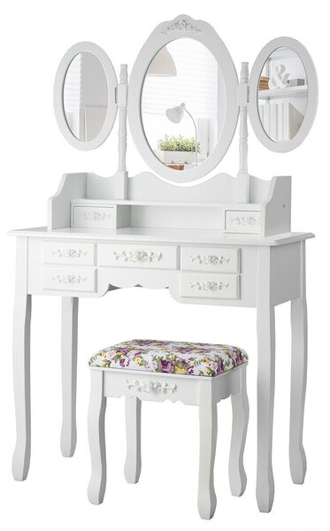 Dressing Table with Vanity Mirrors and Cushioned Stool-White
