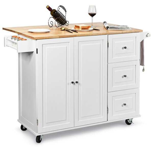 Kitchen Island Cart on Wheels with 3 Drawers and 2-door Cabinet-White