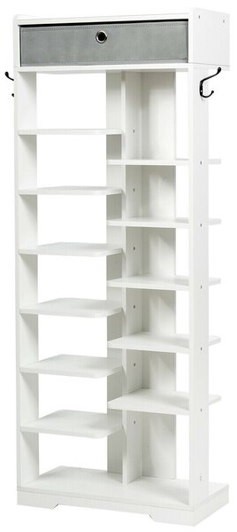 7+6 Tier Wooden Shoe Rack with Drawer and Hooks-White