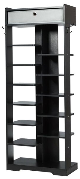 7+6 Tier Wooden Shoe Rack with Drawer and Hooks-Black