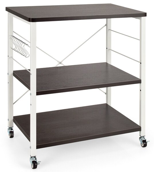 3 Tier Rolling Kitchen Baker's Rack with Adjustable Shelf and Hooks-Brown