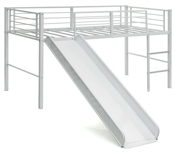 Sliding Loft Children Single Bed with Stairs and Safety Guardrails-White