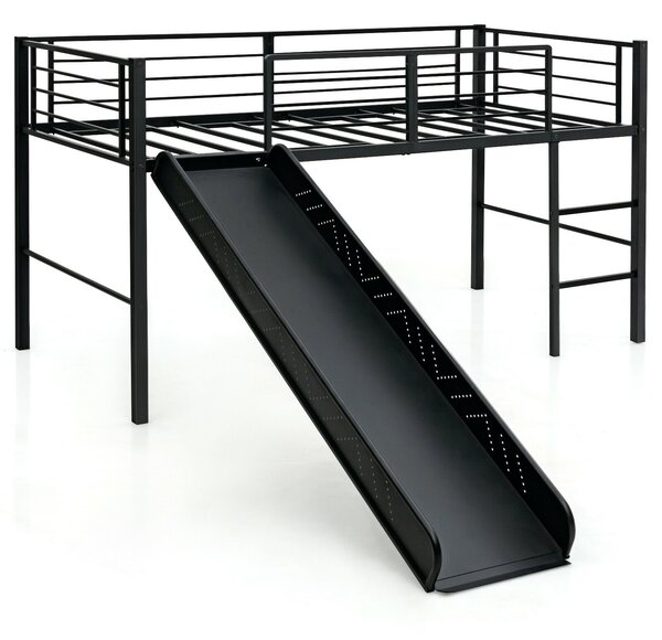 Costway Sliding Loft Children Single Bed with Stairs and Safety Guardrails-Black