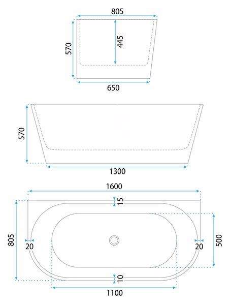 Wall acrylic bath Rea Eris 160cm