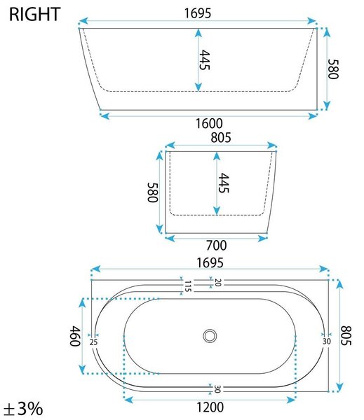Bathtub Rea Marion Right 170cm