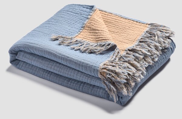 Piglet Warm Blue & Cafe au Lait Textured Cotton Throw Blanket Size 150 x 250cm