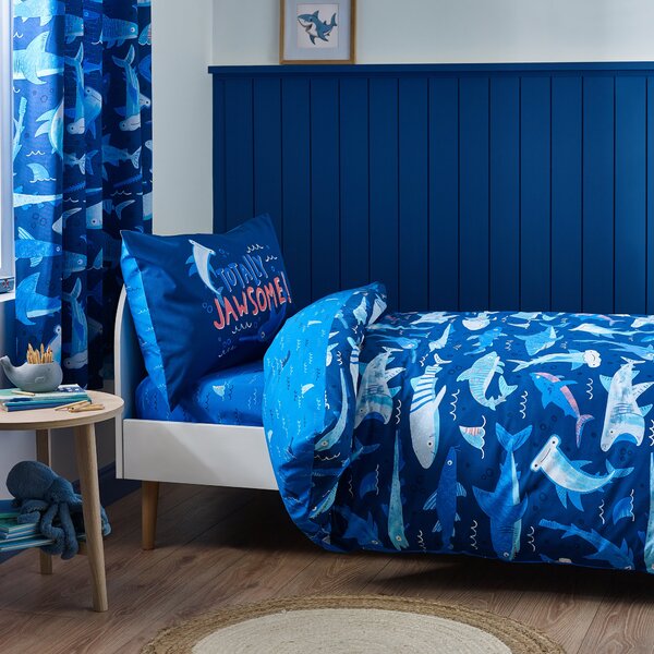 Catherine Lansfield Jawsome Shark Reversible Duvet Cover Bedding Set Navy Blue