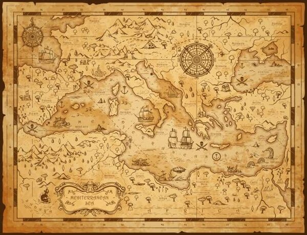 Map Old vintage map of Mediterranean sea, pirate sail, seamartini