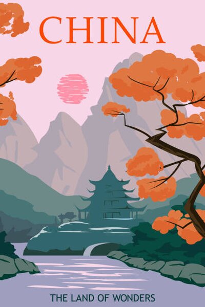 Art Print China vintage poster autumn landscape mountains, VectorUp