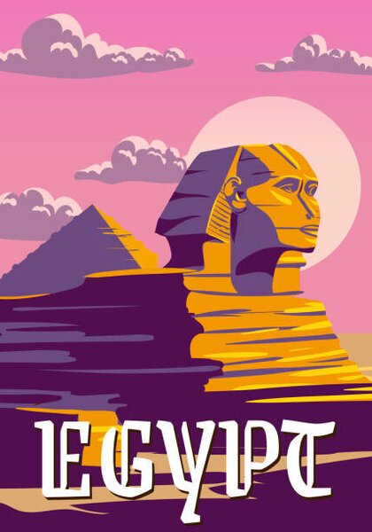 Art Print Vintage Poster Ancient Sphinx, Egypt Pharaoh, VectorUp