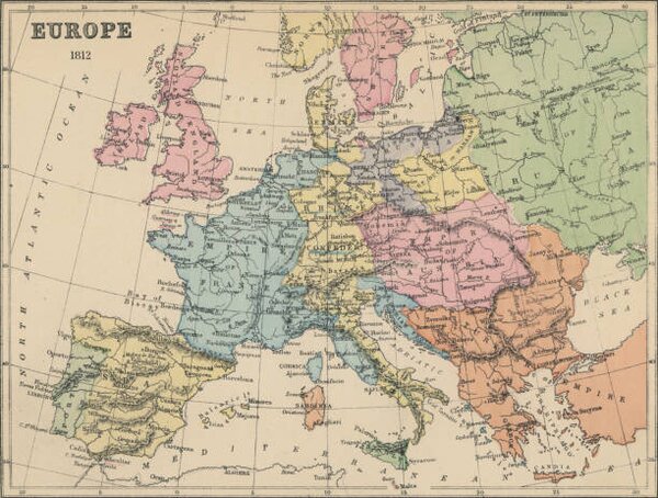 Map Old chromolithograph map of Europe in 1812, mikroman6