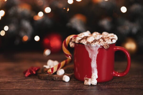 Photography wooden desk space red mug and xmas tree, Kseniya Ovchinnikova