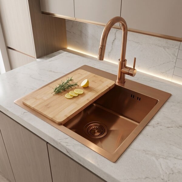 Steel sink with 3-piece accessory set REA Leo 40 Brush Copper