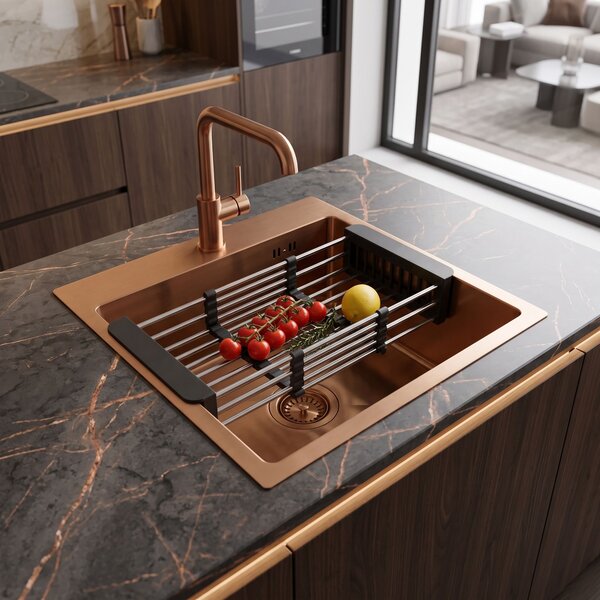 Steel sink with 3-piece accessory set REA Leo 40 Brush Copper