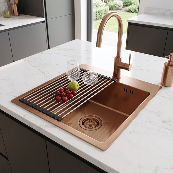 Steel sink with 3-piece accessory set REA Leo 40 Brush Copper