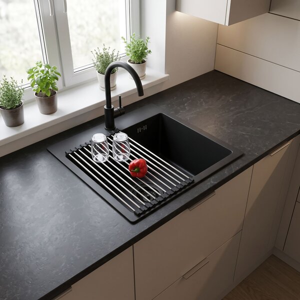Steel sink with 3-piece accessory set REA Leo 40 Black