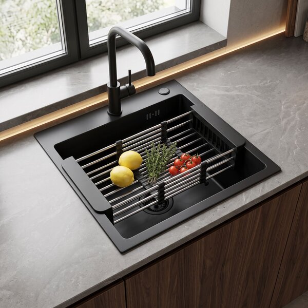 Steel sink with 3-piece accessory set REA Leo 40 Black