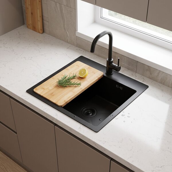 Steel sink with 3-piece accessory set REA Leo 40 Black