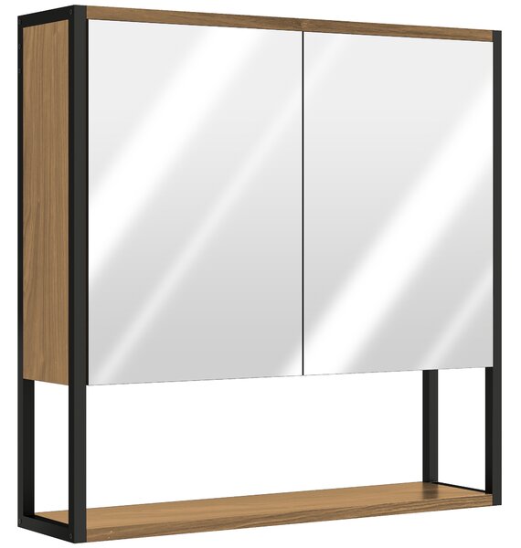 HOMCOM Bathroom Mirror Cabinet with Soft-Close Doors and Adjustable Shelf - Natural Wood Finish