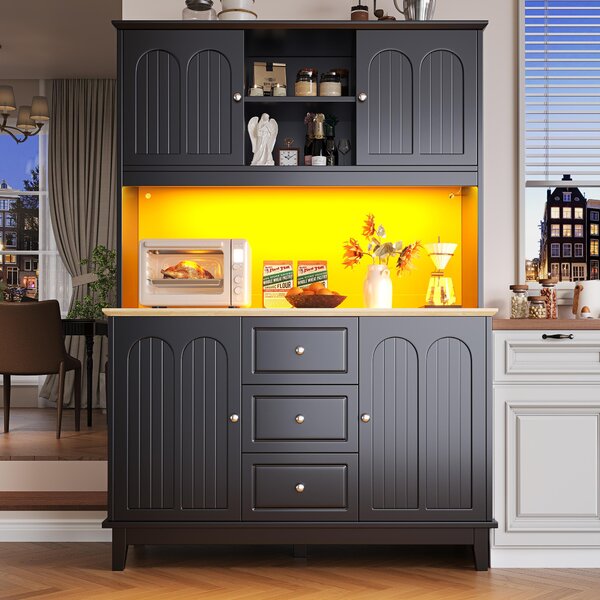 Tall Kitchen Sideboard Cabinet with App-Controlled Changing LED Lighting, Cupboard with Open Display Shelf, 120L x 40W x 180H cm, Black Aosom UK