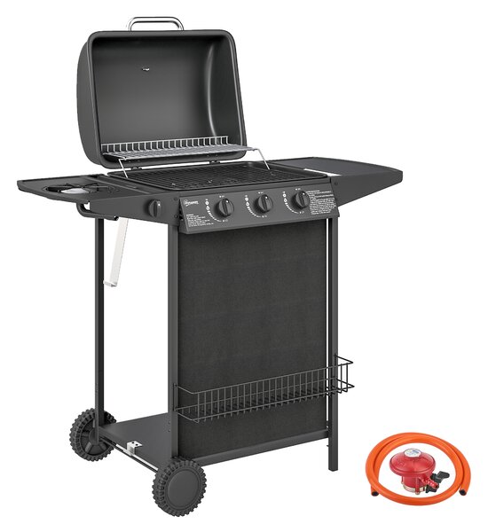 Outsunny 3+1 Burner Gas BBQ Grill, Smoker Grill with Built-in Thermometer, Side Table, Shelf, Grease Cup, Black Aosom UK