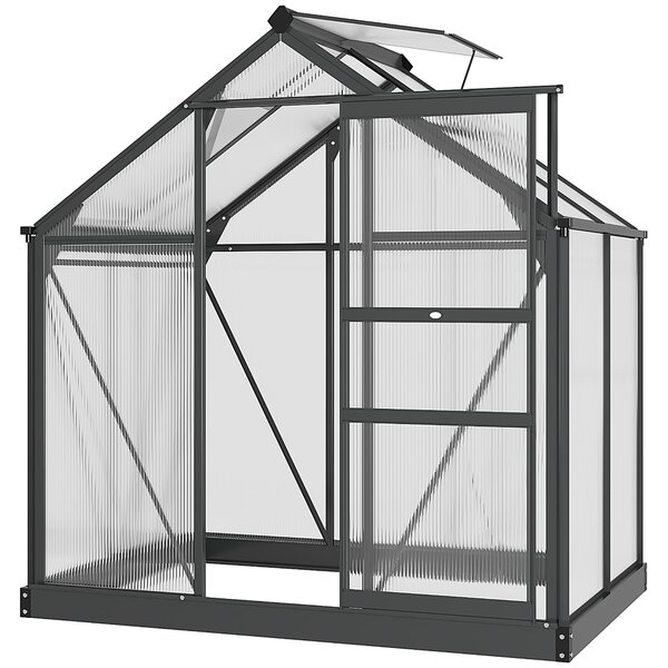 Outsunny Polycarbonate Greenhouse Large Walk-In Green House Garden Plants Grow Galvanized Base Aluminium Frame w/ Slide Door, 6 x 4ft, Grey Aosom UK