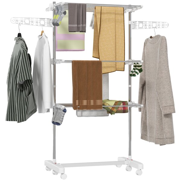 HOMCOM 3 Tier Clothes Airer with Wheels and Wings, Dry Soon Airer with Stainless Steel, Easy Assembly Indoor and Outdoor, White & Silver Aosom UK