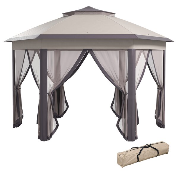 Outsunny Hexagon Patio Gazebo Pop Up Gazebo Outdoor Double Roof Instant Shelter with Netting, 4m x 4m, Beige