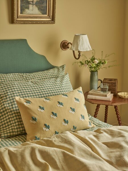 Butter Yellow Snowdrop Embroidered Filled Cushion | 35 x 55 cm | Piglet in Bed