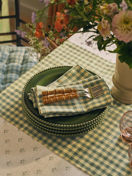 Elm Green & Butter Yellow Gingham Linen Blend Table Runner | 45 x 200cm | Piglet in Bed