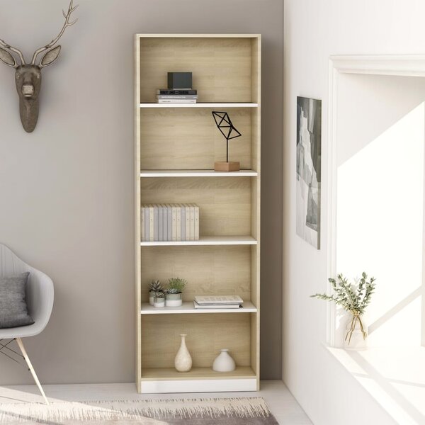 5-Tier Book Cabinet White and Sonoma Oak 60x24x175 cm Engineered Wood