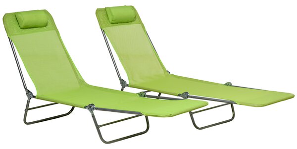 Outsunny Reclining Sun Lounger, Set of 2, Folding Outdoor Day Bed with Pillow, Steel Frame, Breathable Mesh, Green
