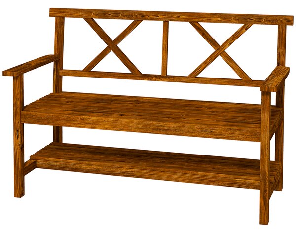 Outsunny Outdoor Bench, 2-Seater with Storage Shelf, Backrest, Armrests, Slat Seat, Wooden, Carbonized