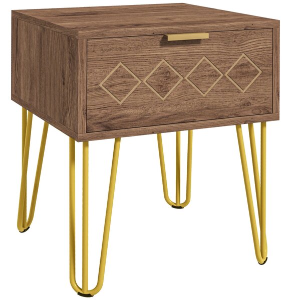 HOMCOM Modern Wooden Bedside Table with Drawer, Stylish Sofa Side Table with Gold Tone Metal Legs for Bedroom or Living Room