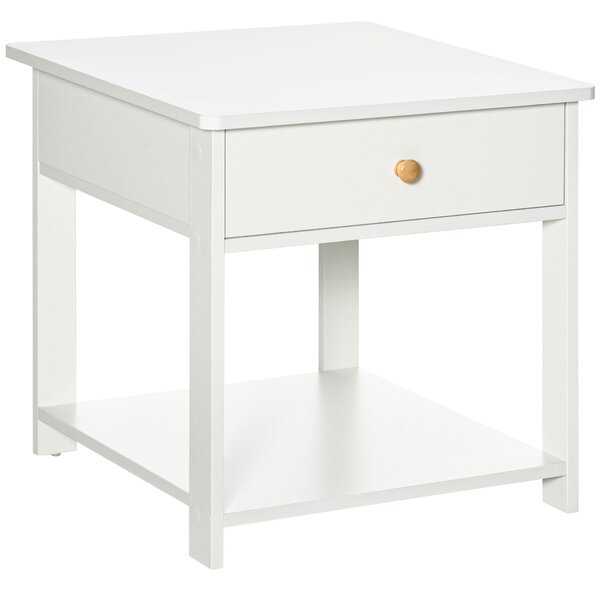 HOMCOM Bedside Table with Drawer and Bottom Shelf, Square Side End Table for Bedroom, Living Room, White