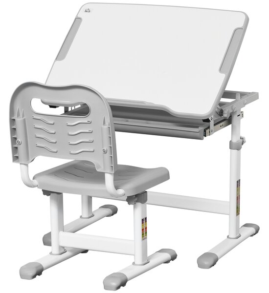 HOMCOM Kids Desk and Chair Set, Height Adjustable Student Writing Desk and Chair Set, Children Adjustable Study Table with with Drawer, Pen Slot, Hook, Grey Aosom UK