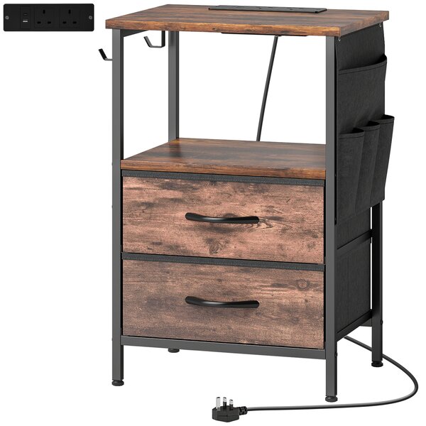 HOMCOM Bedside Table with Charging Station - Rustic Brown