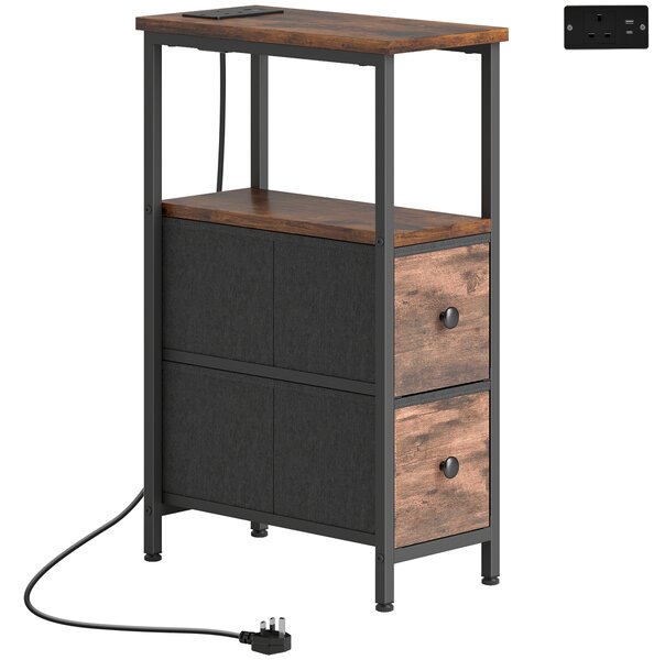 HOMCOM Narrow Side Table with Charging Station, 2 Drawers, AC Outlet & Dual USB Ports, Modern Storage for Bedroom & Living Room Aosom UK