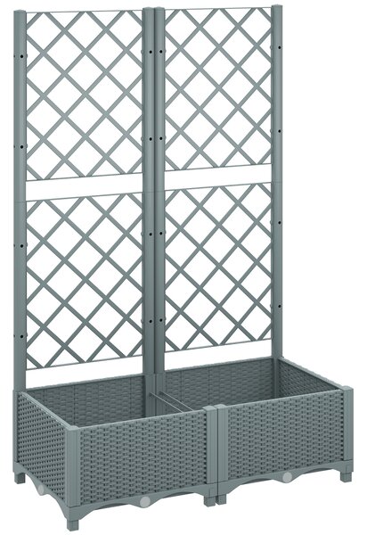 Outsunny Raised Garden Bed with Trellis, Plastic Planter Box with Drainage Holes, Drain Plugs and Water Reservoirs for Climbing Plants, Vegetables, Flowers, Grey
