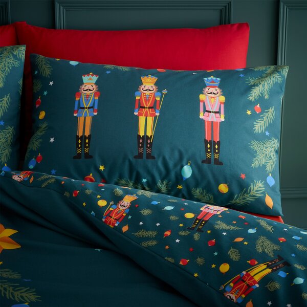 Catherine Lansfield Christmas Nutcracker Reversible Green Duvet Cover & Pillowcase Set