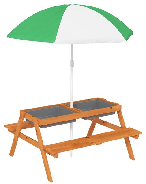 Outsunny Kids Picnic Table with Benches, Wooden Sand and Water Table, Adjustable Parasol, Storage Bins, for Kids 3-6 Years, Brown